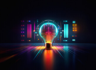 Aufkleber - A glowing lightbulb, filled with vibrant circuitry, sits on a reflective surface.  Streaks of light radiate outwards, against a backdrop of colorful digital displays.  It symbolizes innovation and tec