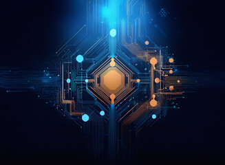 Aufkleber - Abstract digital artwork depicting a glowing circuit board,  featuring interconnected nodes and pathways of blue and orange light against a dark background.  The design suggests technological advancem