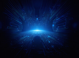 Aufkleber - Abstract digital artwork depicting a futuristic, glowing blue circuit board tunnel receding into a bright horizon.  The image evokes feelings of speed, technology, and connection.