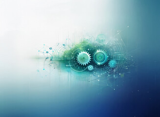 Abstract digital art depicting interconnected gears, nodes, and a blurred green element against a soft blue and white gradient background.  The image evokes themes of technology, connection, and innov