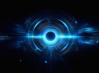 Fototapete - A mesmerizing digital art piece showcasing concentric circles emanating bright blue light, suggesting technological advancement or a futuristic interface.  The core is dark, creating a sense of myster