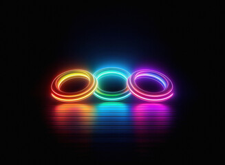 Poster - Three vibrant, glowing neon rings in rainbow hues rest on a dark, reflective surface.  The rings create a captivating, futuristic display of light and color.