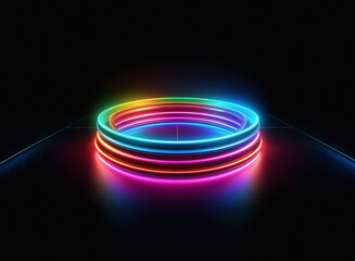 Poster - Vibrant, multicolored neon rings glow on a dark reflective surface, creating a futuristic, circular platform.  The scene is minimalist and stylish, perfect for a digital background.
