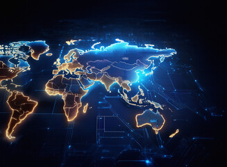 Aufkleber - Glowing digital world map highlighting interconnected continents.  Dark background emphasizes global network.  Shows international connections and data flow.