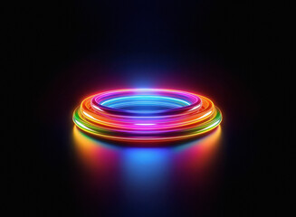 Aufkleber - Vibrant, multicolored neon rings glow on a dark reflective surface, creating a captivating, circular light display.  The concentric circles suggest depth and energy.