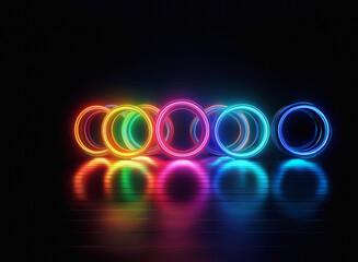 Aufkleber - Vibrant rainbow neon rings glow intensely on a reflective dark surface, casting colorful reflections.  The rings create a mesmerizing, futuristic scene.