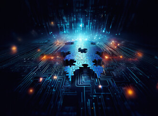 Poster - Glowing puzzle pieces form a world map on a circuit board, symbolizing global digital connection and technological solutions.  Data streams illuminate the scene.