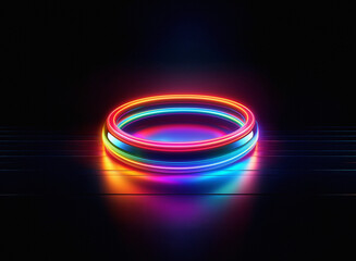 Poster - Vibrant neon ring glowing on dark surface.  Rainbow colors illuminate the sleek, circular structure.  Reflective floor enhances the visual effect.