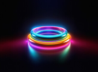 Aufkleber - Two vibrant, neon rings stacked atop each other, glowing brightly against a dark background.  Their reflection shimmers on a glossy surface.