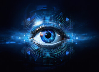 Aufkleber - A mesmerizing blue eye, digitally enhanced, is encircled by a futuristic, glowing interface.  It evokes themes of surveillance, technology, and the digital age.