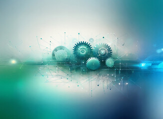 Fototapete - Abstract digital artwork depicting interconnected gears within a cloud-like formation, suggesting technological synergy and complex systems.  The color palette is predominantly teal and green, creatin