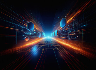 Poster - Abstract digital tunnel with glowing hexagons and vibrant energy streaks.  A futuristic, high-tech pathway into the digital realm.