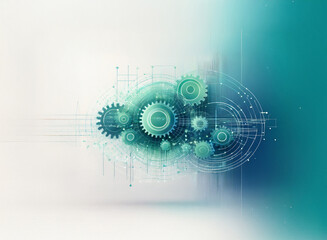 Poster - Abstract illustration of teal gears interlocked within a cloud-like formation, suggesting technological synergy and interconnected systems.  Digital lines and nodes enhance the futuristic aesthetic.