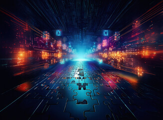 Poster - A vibrant digital highway of glowing puzzle pieces converges towards a bright, central point, symbolizing connection and problem-solving within a technological landscape.