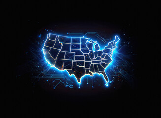 Aufkleber - Glowing digital map of the United States, showcasing its states with vibrant blue circuitry.  A futuristic representation of interconnectedness across the nation.