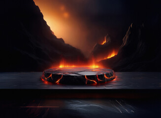 Aufkleber - A fiery, volcanic landscape sets the stage for a circular, cracked stone pedestal.  Lava glows beneath and around it, creating a dramatic, dark display.