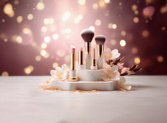 Poster - Elegant makeup brushes and lipsticks arranged on a white marble stand, adorned with delicate blossoms against a bokeh background.  A spring-inspired beauty scene.