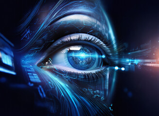 Aufkleber - Close-up of a glowing blue eye, overlaid with intricate digital patterns and circuits, suggesting technological advancement and human augmentation.  A futuristic vision of bio-digital integration.