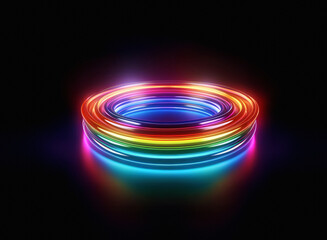 Aufkleber - Vibrant rainbow neon rings glow on a dark reflective surface, creating a circular platform of light.  The concentric circles radiate energy.