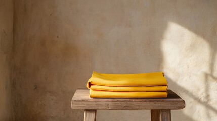 Poster - Neatly Folded Saffron Robes on Wooden Stool Against Earthy Textured Wall