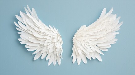 Poster - Enchanted Wings Displaying Shimmering Feathers on a Soft Blue Background in a Captivating Artistic Arrangement