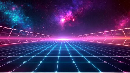 Poster - Explore a retro-futuristic digital landscape with neon grids and cosmic hues. This video captures the essence of 80s sci-fi, bringing nostalgia and visual excitement to life.