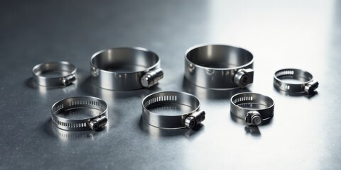 Poster - A Collection of Stainless Steel Hose Clamps on a Metallic Surface