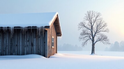 Poster - Winter Wonderland Rustic Cabin, Icicles, and Solitary Tree in a Snow-Covered Field
