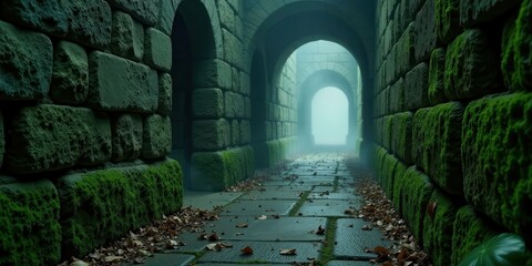 Aufkleber - Mysterious Stone Passageway  A Pathway Through Time, Leading to an Unknown Destination, Shrouded in an Ethereal Fog