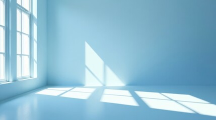 Poster - Serene Light Illuminates Empty Room with a Single Window Casting Shadows on Pale Blue Walls and Floor