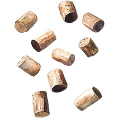 Poster - A watercolor painting depicts multiple wine corks falling against a black background.  The corks are various shades of brown and tan.