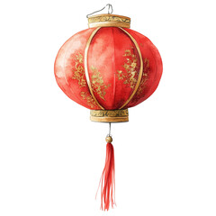 Aufkleber - The image shows a watercolor painting of a traditional red Chinese lantern adorned with gold detailing and a red tassel.
