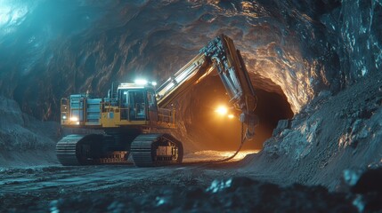 Poster - A modern mining drill mounted on a track vehicle, positioned at the entrance of a tunnel.