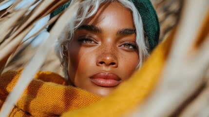 A close-up portrait of a woman with freckles, wearing a green beanie and yellow scarf, surrounded by natural elements that highlight her serene beauty and confidence.