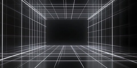 Poster - Abstract futuristic corridor with glowing lines and a perspective view. A digital landscape that feels like a portal or gateway. A concept of technology or the future. grey black background featuring 