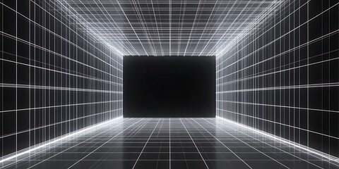 Poster - Abstract futuristic corridor with glowing lines and a perspective view. A digital landscape that feels like a portal or gateway. A concept of technology or the future. grey black background featuring 