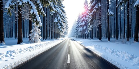 Aufkleber - A sunlit winter road winds through a snow-covered evergreen forest, the pristine white snow contrasting beautifully with the dark tree trunks and the asphalt.