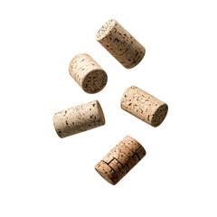 Poster - The image shows five wine corks in mid-air against a black background, seemingly captured in motion.