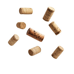 Poster - Several wine corks are shown falling against a pure black background in a studio shot.