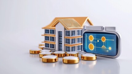 Poster - A modern house model beside digital currency icons on a white background, symbolizing real estate investment and financial technology.