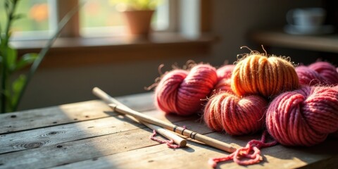 Aufkleber - Soft yarn balls and knitting needles rest on rustic wooden surface bathed in sunlight