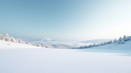 Aufkleber - Serene Winter Landscape Snow-Covered Hills, Frosty Trees, and Distant Mountain Peaks Under a Clear Sky