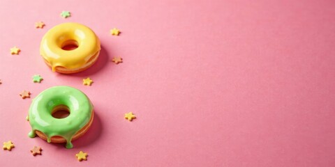 Poster - Pastel-colored glazed doughnuts with star sprinkles on a pink background, a delightful sweet treat image