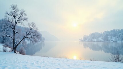 Poster - Serene Winter Sunrise Over a Tranquil, Snow-Covered Lake with a Majestic Frost-Kissed Tree in the Foreground