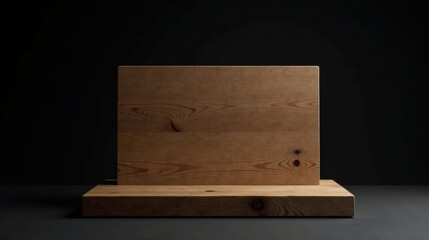 Poster - Simple wooden display stand against a dark background, ideal for product placement or showcasing small items, offering a rustic and minimalist aesthetic.