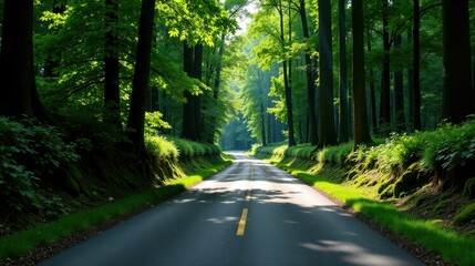 Aufkleber - Serene Journey Through a Sun-Dappled Forest Canopy on a Winding Asphalt Road