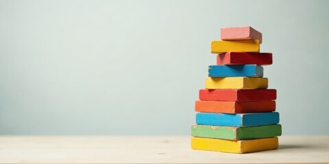 Poster - A Stack of Colorful Wooden Blocks on a Light Wooden Surface Against a Pale Blue Background