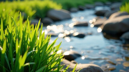 Poster - Serene Streamside Meadow Lush Green Grasses Illuminated by Sunlight Near a Gently Flowing Creek with Smooth River Rocks