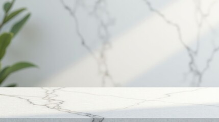 Fototapete - Clean Minimalist Marble Surface Product Display with Soft Light and Green Plant