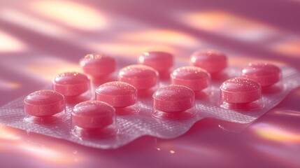 Wall Mural - Pink Pills in Blister Pack: Close-Up Macro Photography